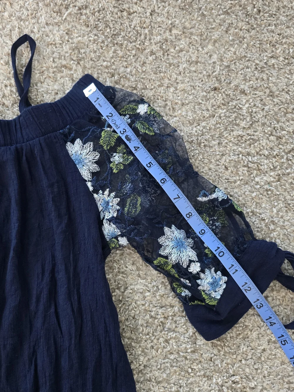 A. Byer Navy Off-Shoulder Camisole with Blue and Green Floral Embroidery